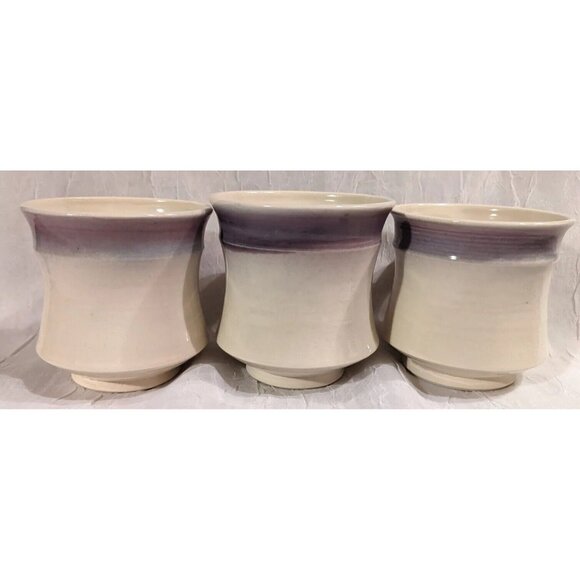 3 Art Pottery Mugs Signed Coffee Cup Handmade Studio Tea Purple White Stripe Set - Picture 15 of 16